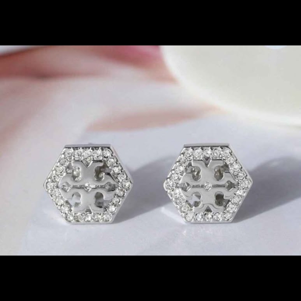 Tory Burch Silver Hexagon Crystal Earrings - Picture 2 of 7